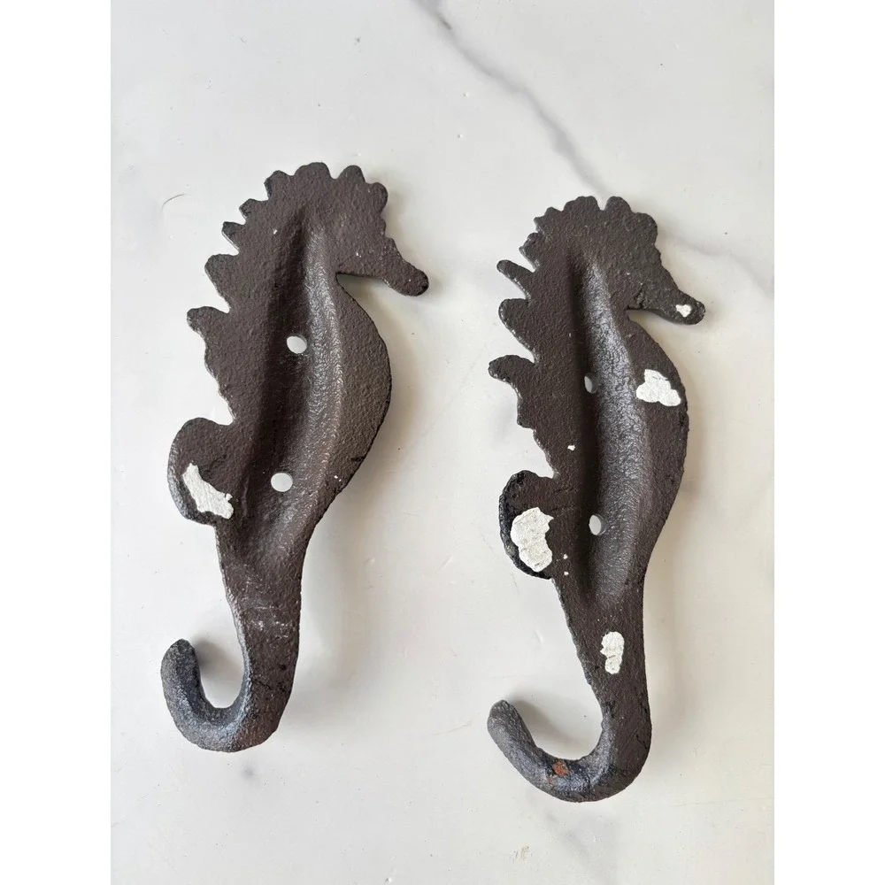 Vintage Cast Iron Seahorse Wall Hooks Set of 2 Coastal Nautical Decor Brown 5